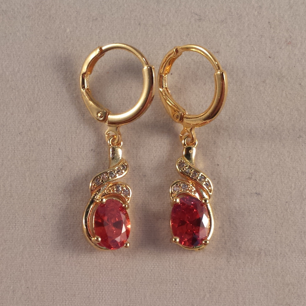 18K Yellow Gold Filled Ruby Red Diamond Zircon Swirl Dangle Earrings 1.21ctw ea. - Picture 2 of 3